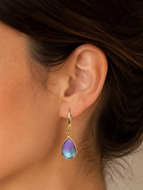 Private Label Jewelry - 18K Gold Plated Purple to Teal Gradient Aura Quartz Teardrop Earrings